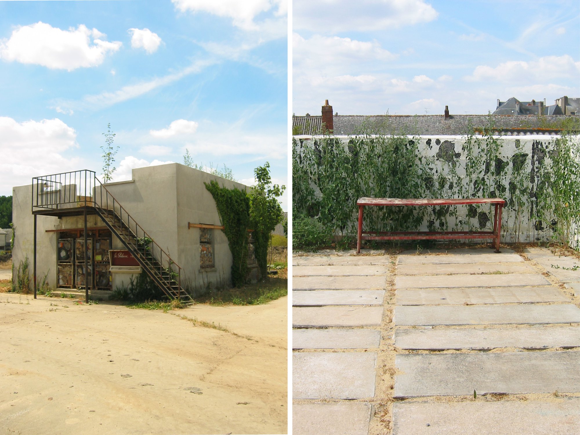 Le belvédère (ancien bâtiment étêté, gravats, casiers de stockage industriel recyclés.)